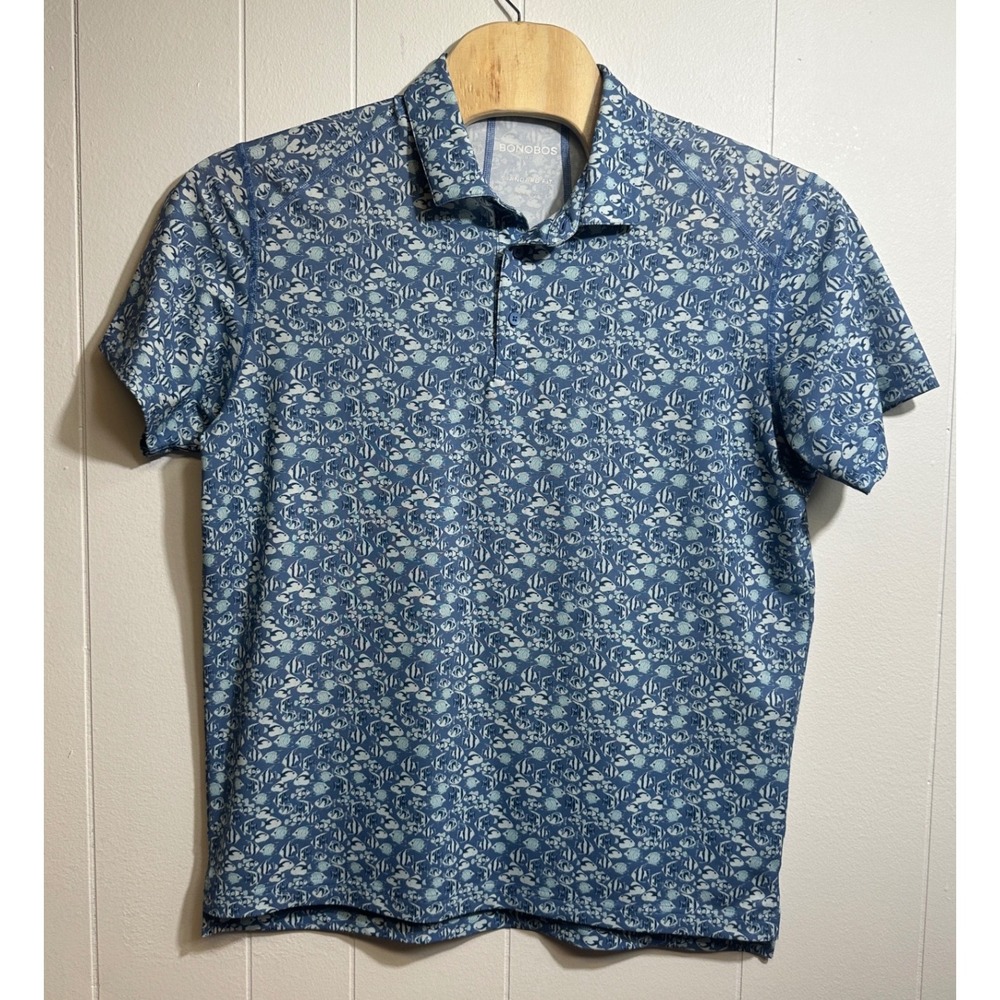 Bonobos Golf Mens Blue Tropical Fish Print Polo Shirt Standard Fit L 23421-BMD10